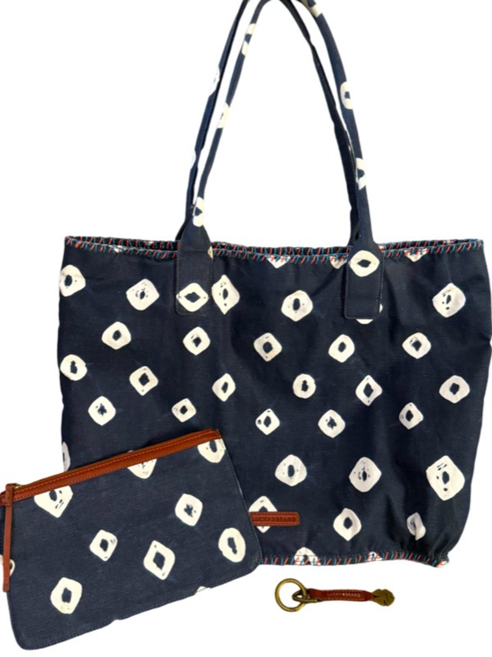 Lucky Brand Canvas Batik Tote Bag plus Zippered Wallet Pouch Leather Navy White